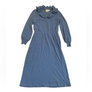 Vintage 70s Holt Renfrew Blue Knit Ruffle Collar Midi Dress Sz 12